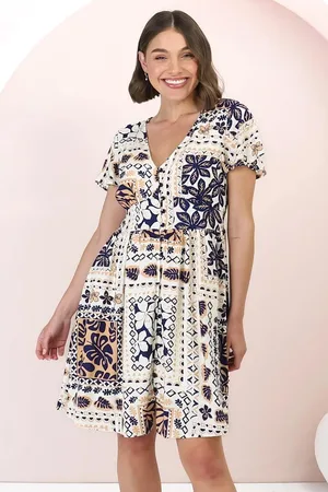 Salty Crush Aurelia Mini Dress - Button-Down Flutter Sleeve Dress in Alphy Print
