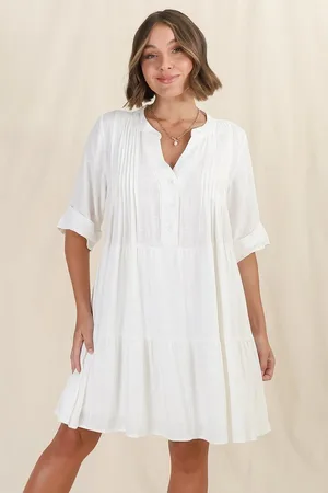 Salty Crush Ayva Mini Dress - 3/4 Sleeve Tiered Smock Dress in Off White