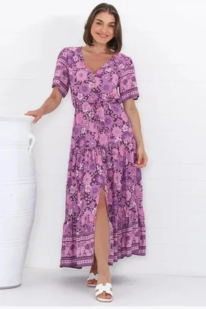 Salty Crush Excalibur Maxi Dress - Short Sleeve Pull Tie Waist Dress with Modest Split in Ursulla Print Purple