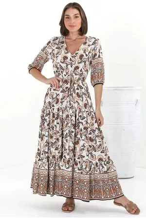 Salty Crush Rachel Maxi Dress - V-Neck 3/4 Sleeve Pull Tie Waist Tiered Dress in Djonga Print Beige
