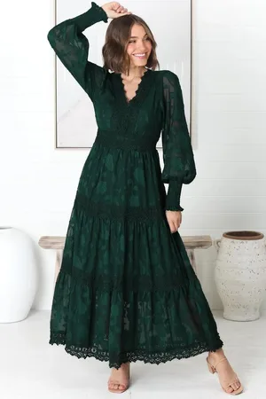 Salty Crush Rouge Maxi Dress - Lace Overlay Tiered Dress in Emerald