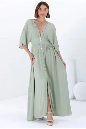 Salty Crush Zyla Maxi Dress - V Neck Button Down Kimono Sleeve Dress in Mint