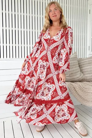 Jaase Carmen Long Sleeve Maxi Dress: Button Down A Line Dress with Lace Trim in Rosa Print