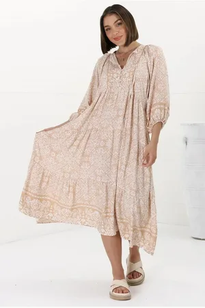 Salty Crush Kamali Midi Dress - Batwing Sleeve Smock Dress with Lace Detailing in Harley Print Beige