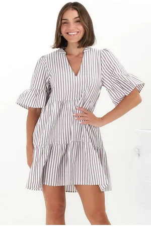 Salty Crush Netty Mini Dress - Mandarin Collar Smock Dress with Frill Hem Sleeves in Noah Print Tan