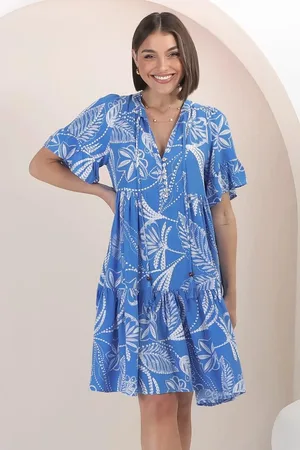 Salty Crush Abilia Mini Dress - Mandarin Collar Buttoned Bodice Smock Dress in Havanna Print in