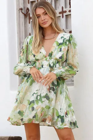 Salty Crush Celita Mini Dress - Deep V-Neck Dress with Flowing Skirt in Kamara Print Green