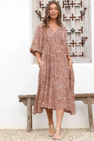 Salty Crush Kamali Midi Dress - Batwing Sleeve Smock Dress with Lace Detailing in Khalid Print Rust