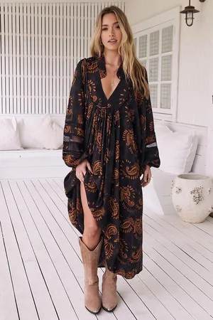 Jaase Boheme Long Sleeve Midi Dress: Slimline Smock Dress in Milan Print