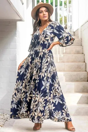 Salty Crush Frigg Maxi Dress - Buttoned Bodice A Line Dress With Flute Sleeves In Navy