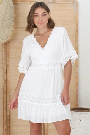 Salty Crush Leelie Mini Dress - Lace Embellished Tiered Dress with Bell Sleeves in