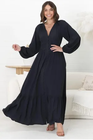 Salty Crush Agatha Maxi Dress - A Line Dress with Gathered Waistline and Long Sleeves in