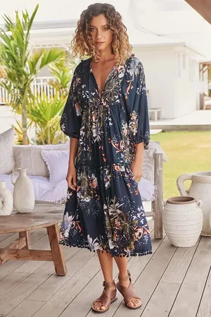 Jaase Palace Midi Dress: Pom Pom Spliced Batwing Sleeve Dress with Neck Tie in Indigo Print