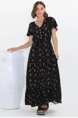 Salty Crush Hanna Maxi Dress - Cap Sleeve Tiered A Line Dress with Toggle Detailed Waist Tie in Melany Print Black