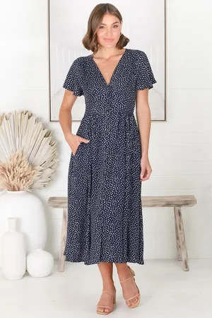 Salty Crush Anais Midi Dress - Cap Flutter Sleeve Button Down A Line Dress in Bell Print