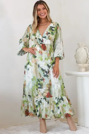 Salty Crush Violla Maxi Dress - V Neck Shirred Waist A Line Dress in Kamara Print Green