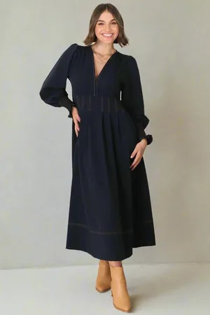 Salty Crush Karey Midi Dress - Dark Denim Fit and Flare Contrast Stitching Midi Dress