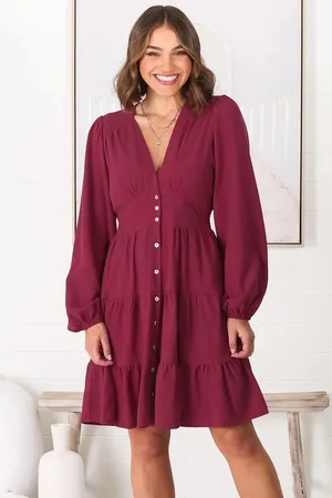 Salty Crush Soho Mini Dress - A Line Button Down Tiered Dress in Berry