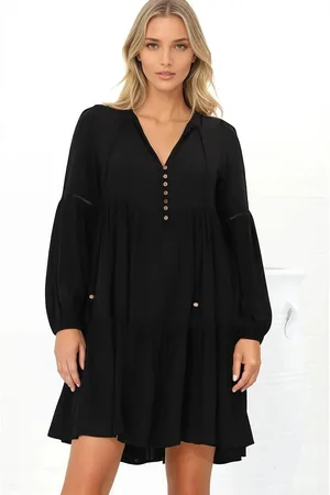Salty Crush Hollis Mini Dress - Buttoned Bodice Long Sleeve Smock Dress in