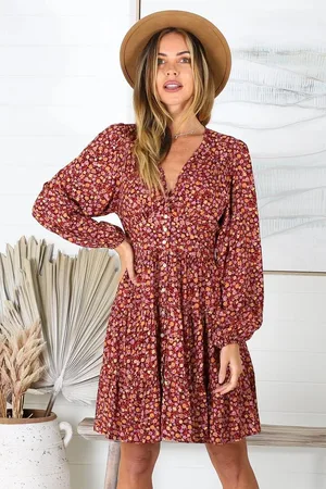 Salty Crush Rosina Mini Dress - A Line Button Down Tiered Dress in Floral Print