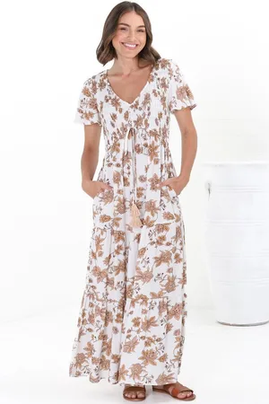 Salty Crush Amaya Maxi Dress - Shirred Cap Sleeve A Line Dress in Halara Print Cream
