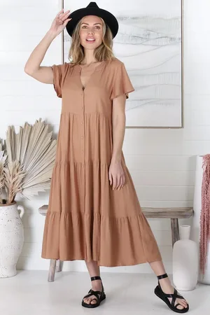 Salty Crush Milla Midi Dress - Tiered Cap Sleeve Button Down Linen Dress in Tan