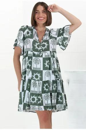 Salty Crush Abilia Mini Dress - Mandarin Collar Buttoned Bodice Smock Dress in Layah Print Green
