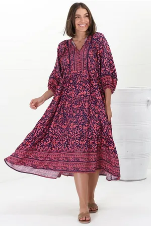Salty Crush Kamali Midi Dress - Batwing Sleeve Smock Dress with Lace Detailing in Tayler Print Pink