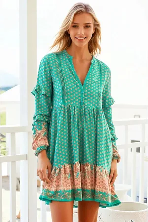 Jaase Fey Mini Dress: V-Neck Long Sleeve Mini Dress in Jade Print