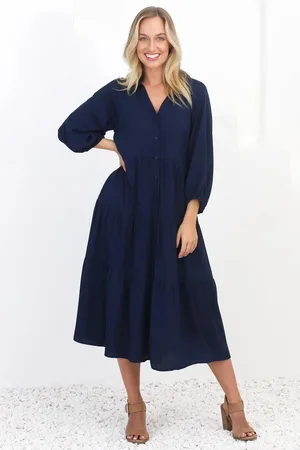 Salty Crush Zaraha Midi Dress - Folded Collar Button Down Tiered Dress in