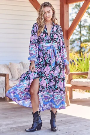 Jaase Briana Midi Dress: Purple & Pink Floral Oversized Buttoned Dress with Waist Tie and Frill Splicing in Bird Print