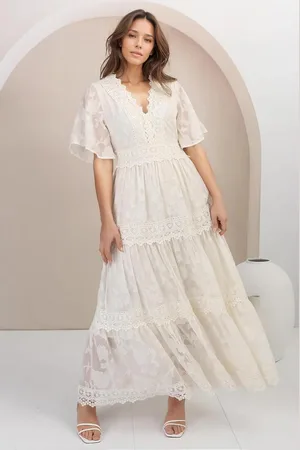 Salty Crush Madeline Maxi Dress - Lace Trim Embroidered A Line Dress in Cream