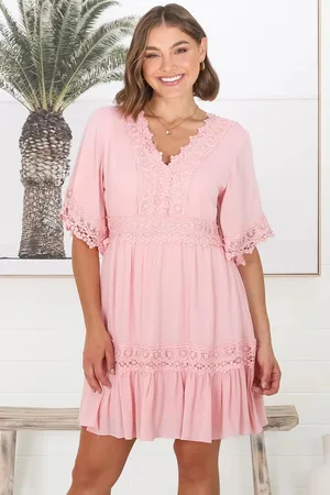 Salty Crush Leelie Mini Dress - Lace Embellished Tiered Dress with Bell Sleeves in