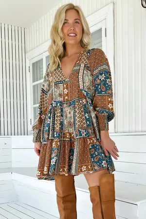 Jaase Soul Mini Dress: Mandarin Collar V Neck Long Sleeve Smock Dress in Izabelle Print