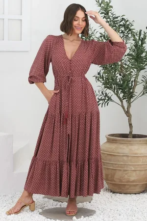 Salty Crush Kass Maxi Dress - Buttoned Bodice Pull In Waist Dress in Hazel Print