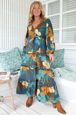 Jaase Luciana Maxi Dress: Pull Tie Waist Tiered Dress with Frill Splicing in Stevie Print