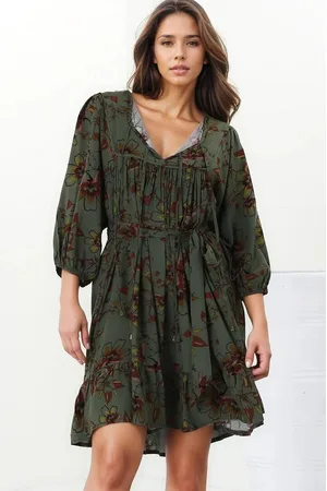 Jaase French Mini Dress: Yoke Neckline Dress with Matching Belt in Esme Print