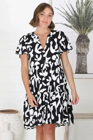 Salty Crush Wilma Mini Dress - Bermuda Collar Button Down Dress with Cap Sleeves in Jaxie Print