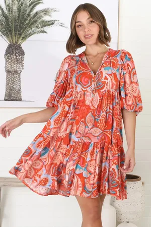 Salty Crush Elkie Mini Dress - Graphic Print Tiered Smock Dress with Balloon Sleeves