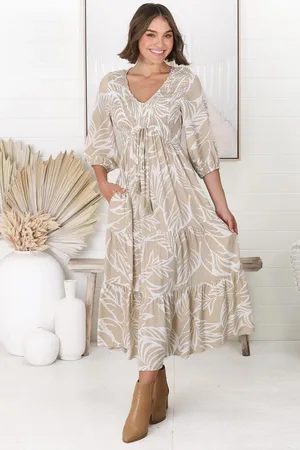 Salty Crush Jaden Midi Dress - Elasticated Bodice A-Line Dress in Jeani Print Beige