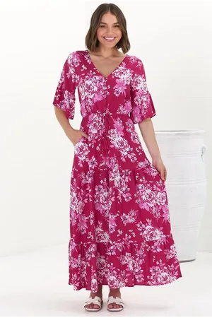 Salty Crush Rae Maxi Dress - Buttoned Bodice Pull Waist A Line Dress in Kimberly Print