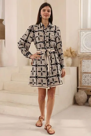 Salty Crush Ruby Mini Dress - Collared Shirt Balloon Sleeve Dress with Matching Belt in Carter Print