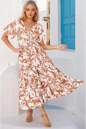 Salty Crush Charis Midi Dress - Pull In V Neckline Dress With Cap Balloon Sleeves In Rust