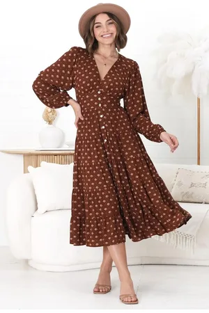 Salty Crush Bello Midi Dress - Button Through Dress with Balloon Sleeves in Kendy Print