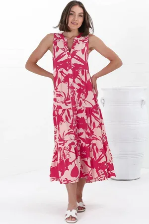 Salty Crush Acelle Midi Dress - Sleeveless Bermuda Collar Button Down Dress in Patty Print Pink