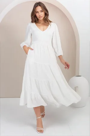 Salty Crush Lellah Midi Dress - Shirred Bodice Soft V Neck Tiered Dress in White