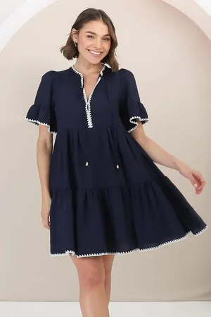 Salty Crush Eesha Mini Dress - Baby Doll Dress With Contrast Stitching Detailing in Navy