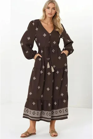Salty Crush Rylie Maxi Dress - Embroidered Long Sleeve Dress with Pull Tie Waist in Vesper Print Brown