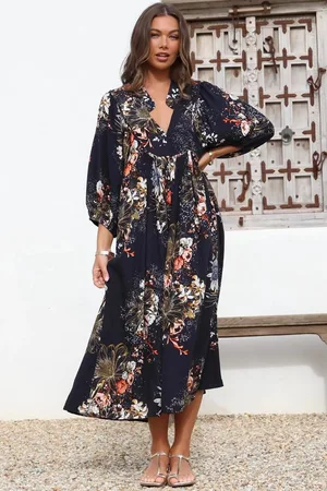 Jaase Boheme Midi Dress: Piping Defined Bust Slimline Smock Dress In Indigo Print