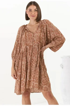 Salty Crush Juddy Mini Dress - Batwing Sleeve Smock Dress with Lace Detailing in Khalid Print Rust